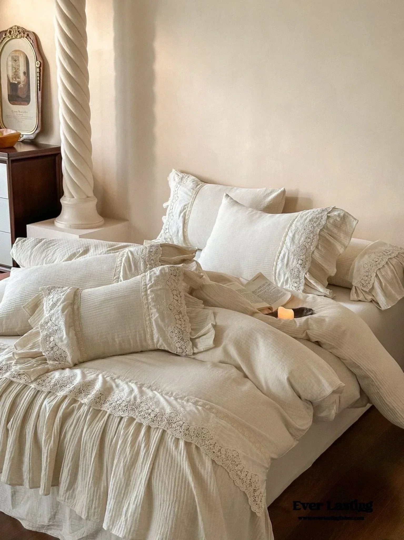 Amelie Lace Embroidered Linen Cotton Bedding Set, angled view - House Of Avana