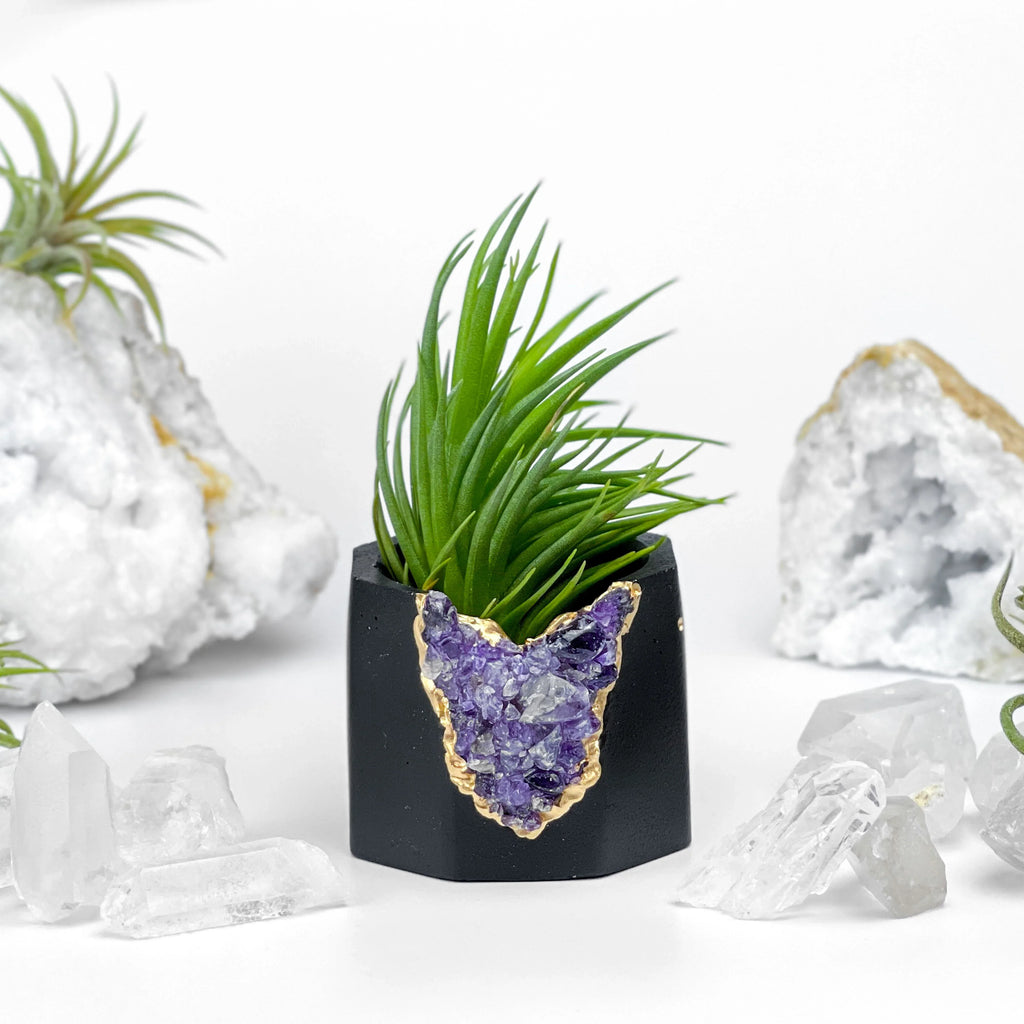 Amethyst Geode Planter, Black, Natural Stone, back view - House Of Avana