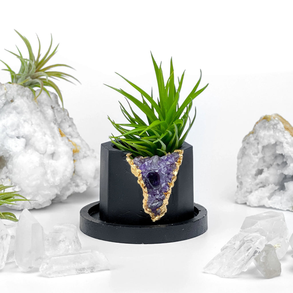 Amethyst Geode Planter, Black, Natural Stone, angled view - House Of Avana