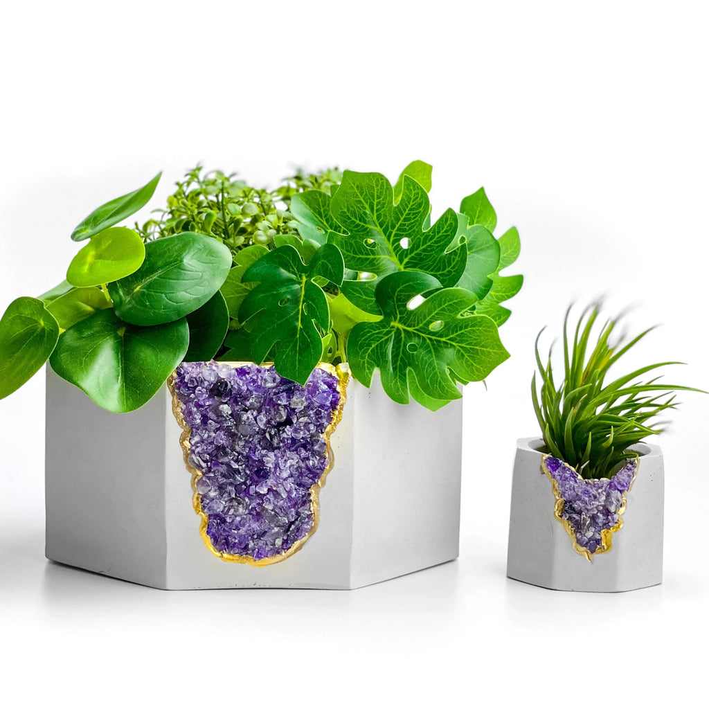 Amethyst Geode Planter Natural Stone Purple Home Decor Accent, top view - House Of Avana