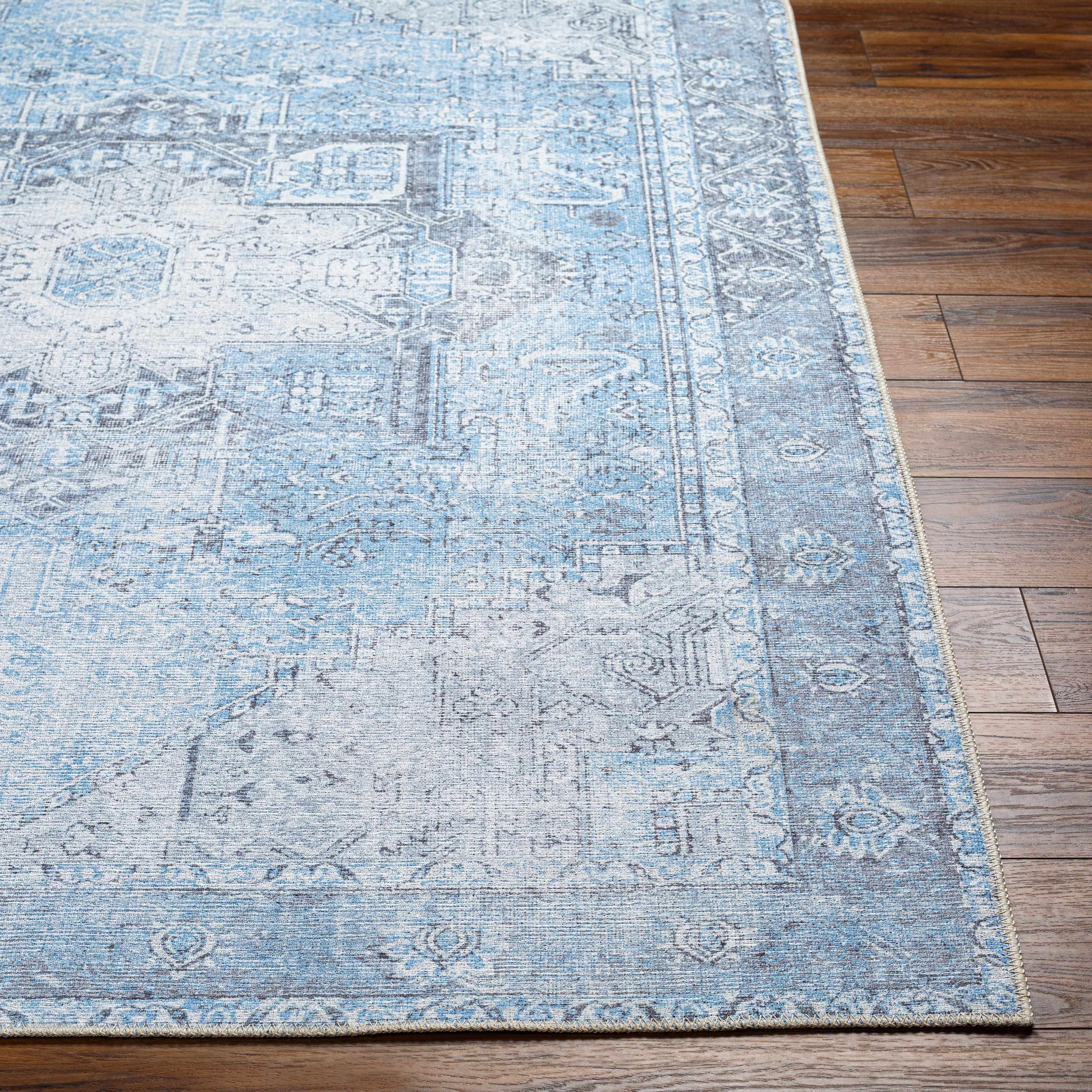 Aqua Rosman Washable Area Rug Hauteloom