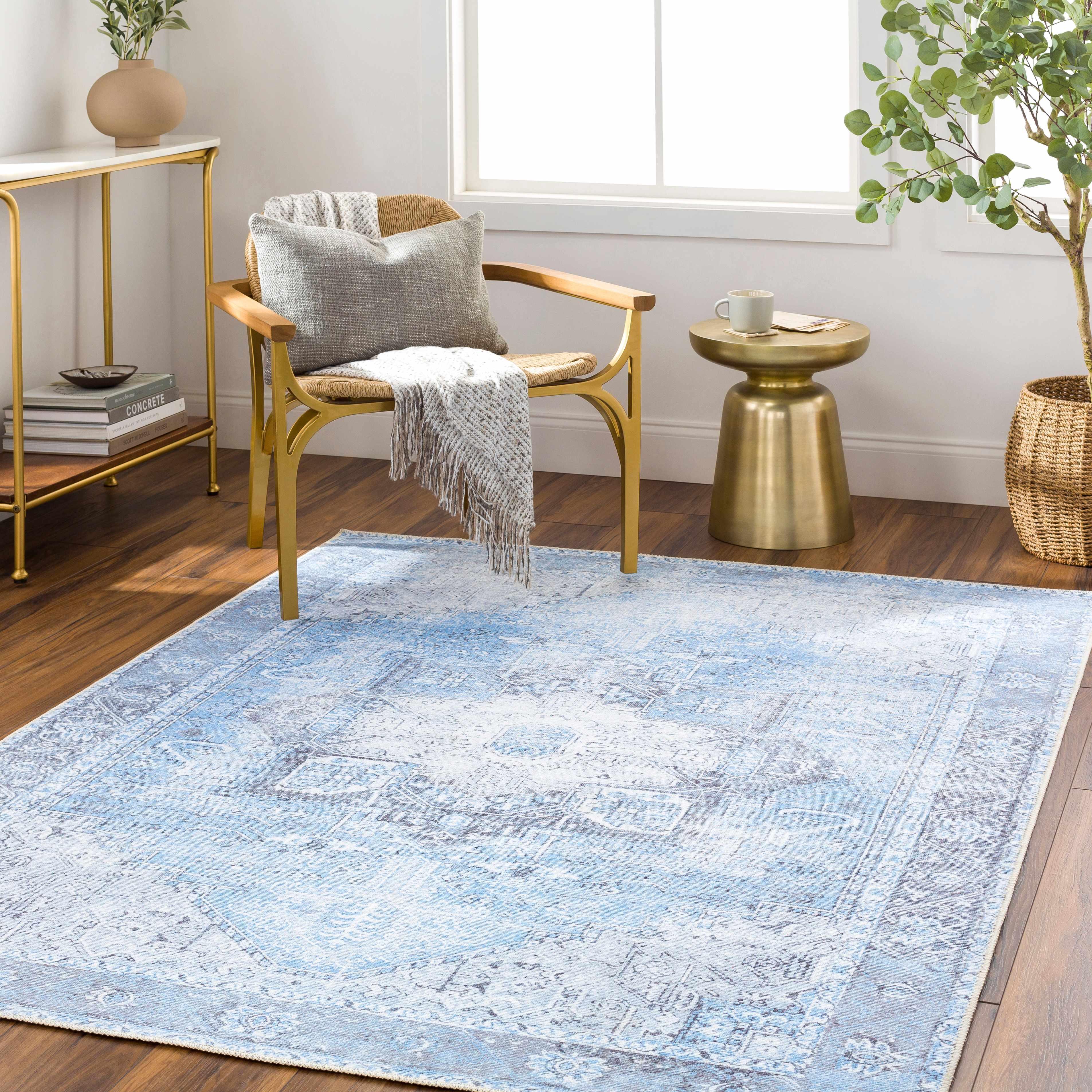 Aqua Rosman Washable Area Rug Hauteloom