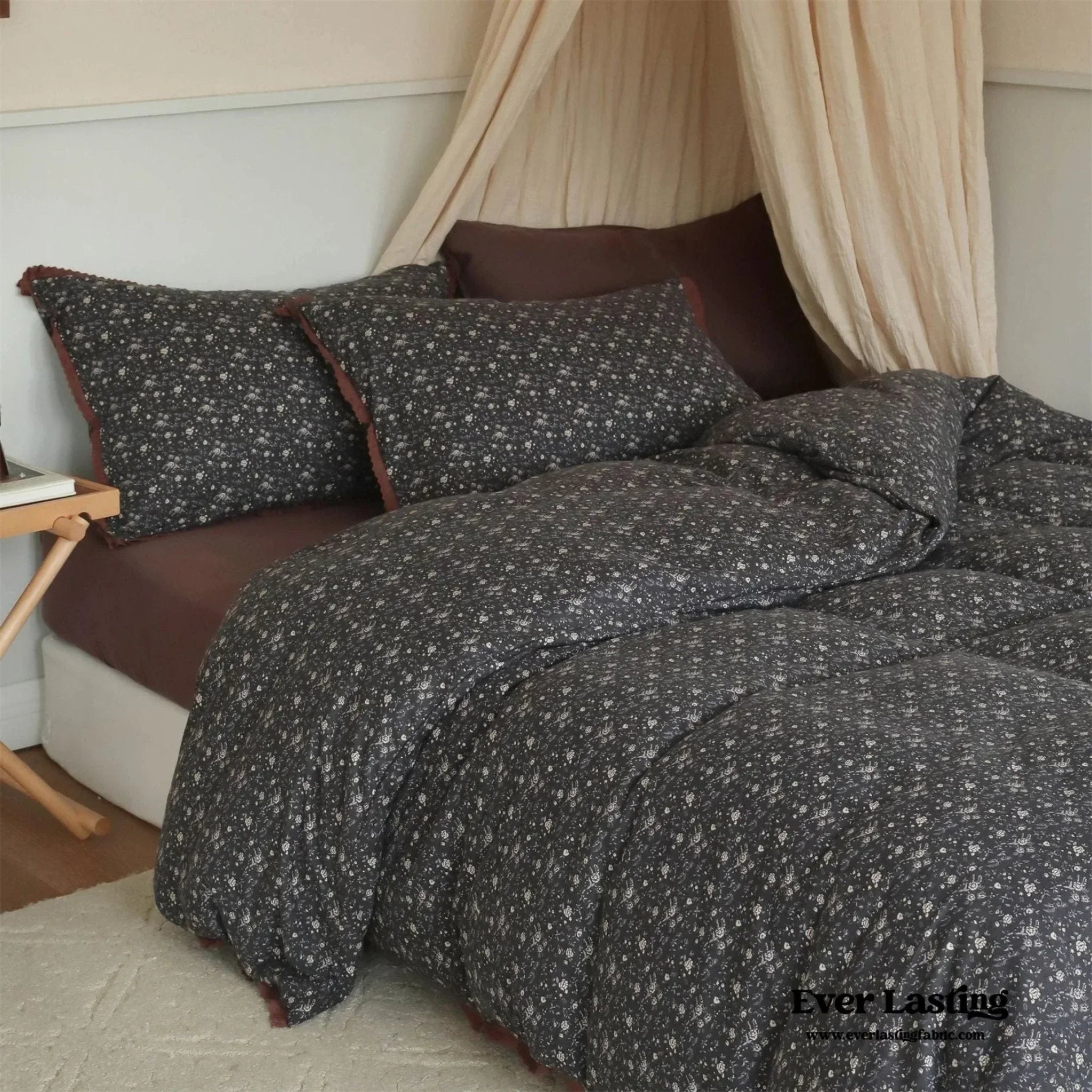Anaya Rose French Vintage Bedding Set / Black + Brown, front view - House Of Avana