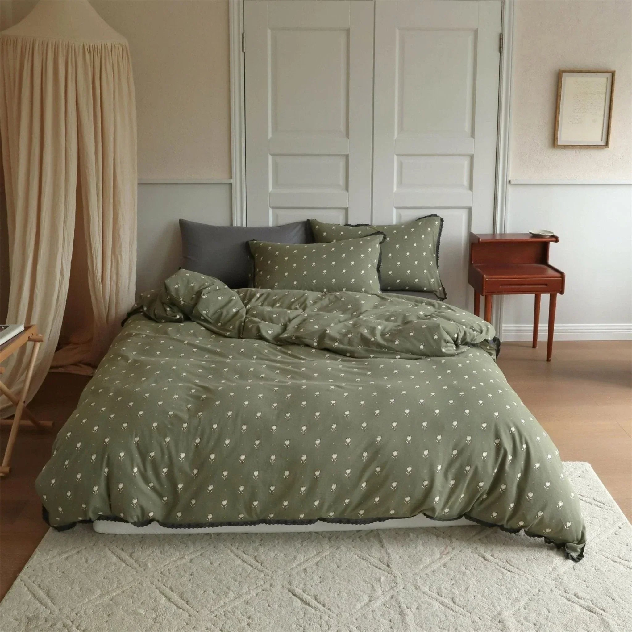 Anaya Rose French Vintage Bedding Set / Black + Brown, close-up view - House Of Avana