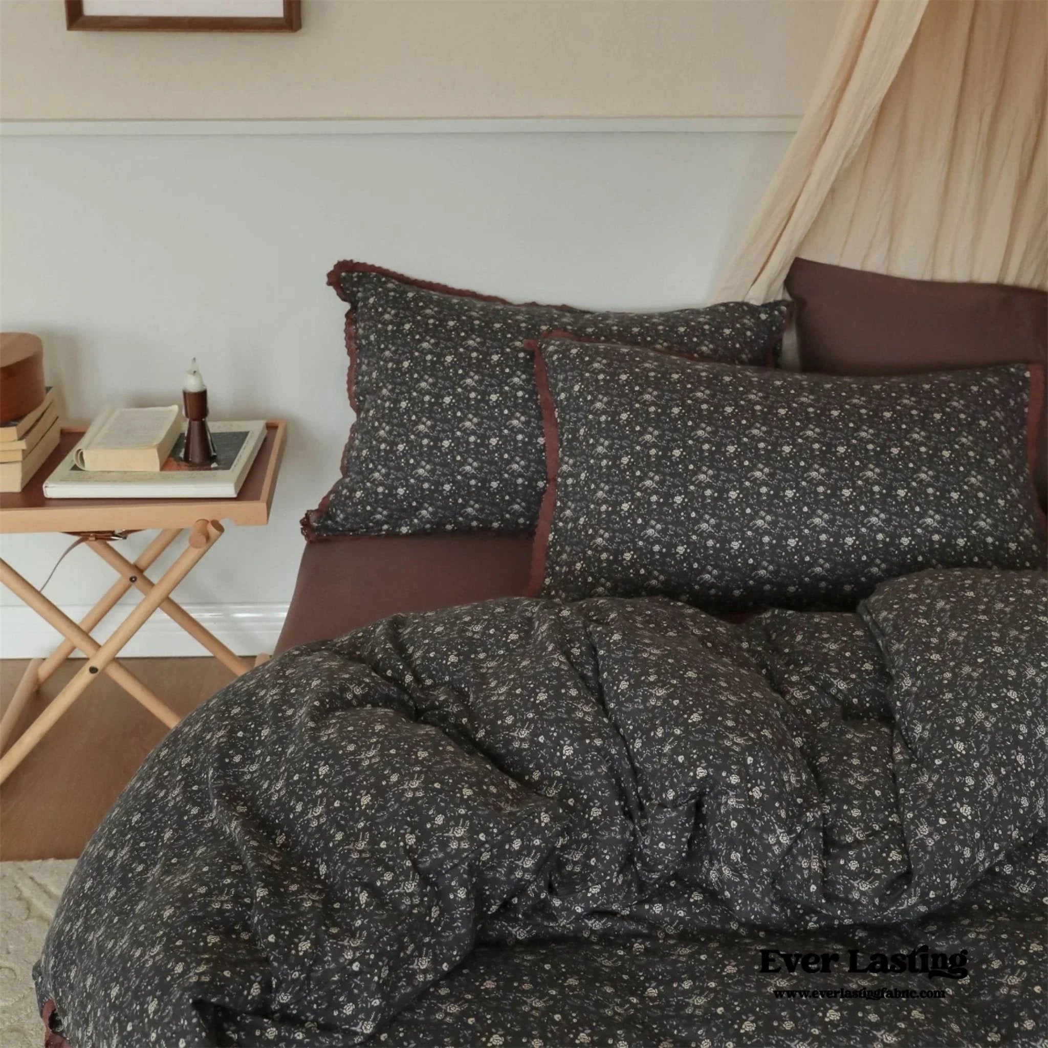 Anaya Rose French Vintage Bedding Set / Black + Brown, side view - House Of Avana