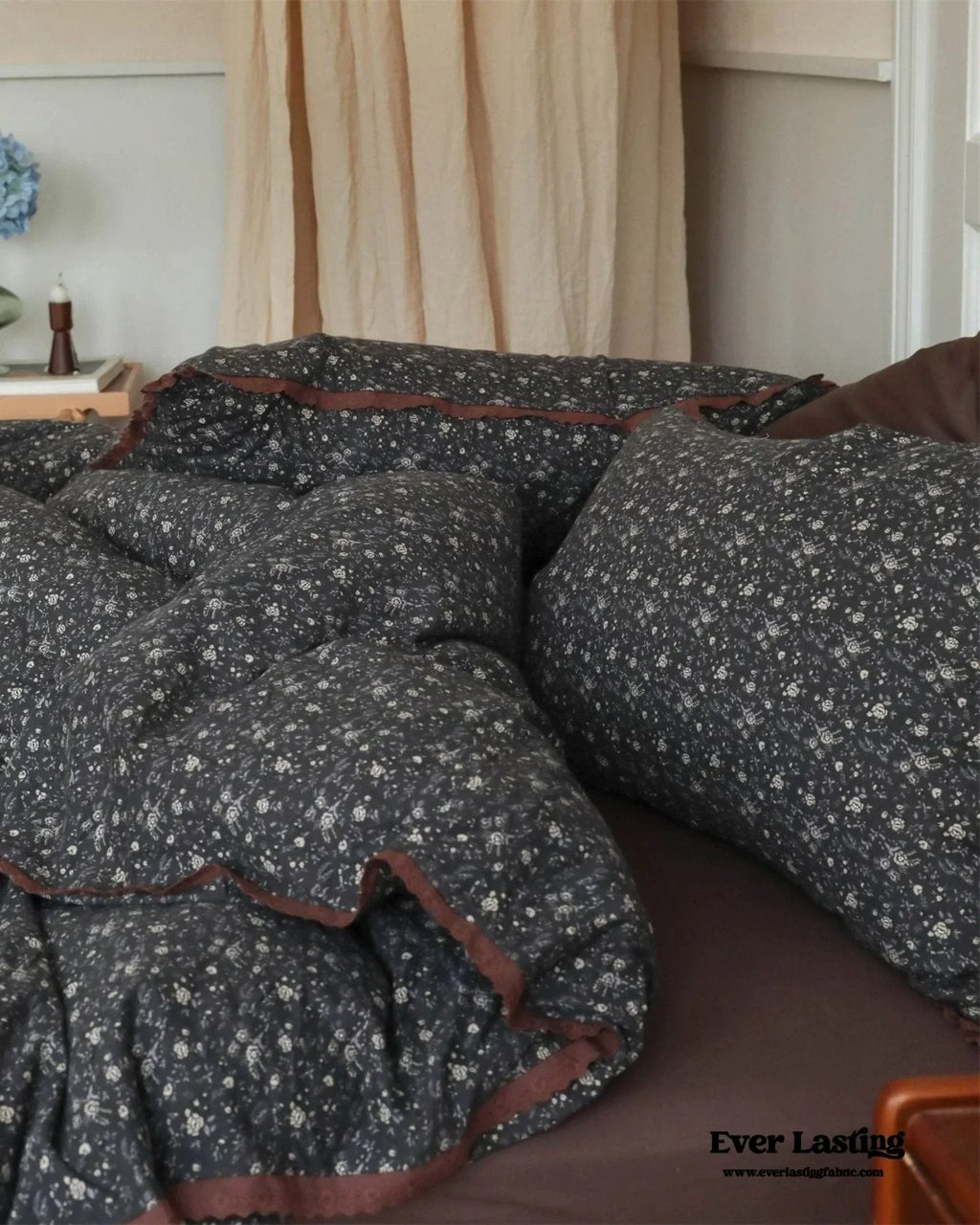 Anaya Rose French Vintage Bedding Set / Black + Brown, top view - House Of Avana