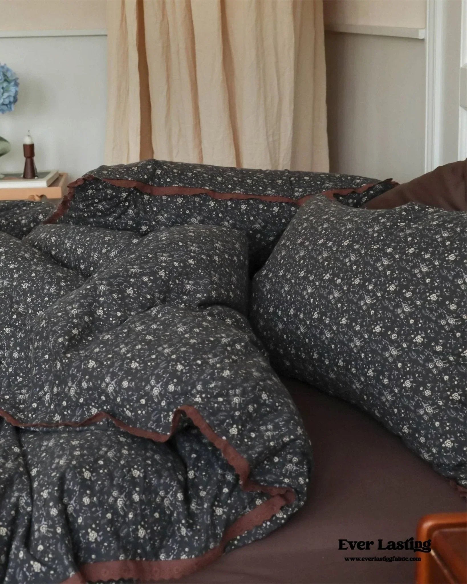 Anaya Rose French Vintage Bedding Set / Black + Brown, top view - House Of Avana