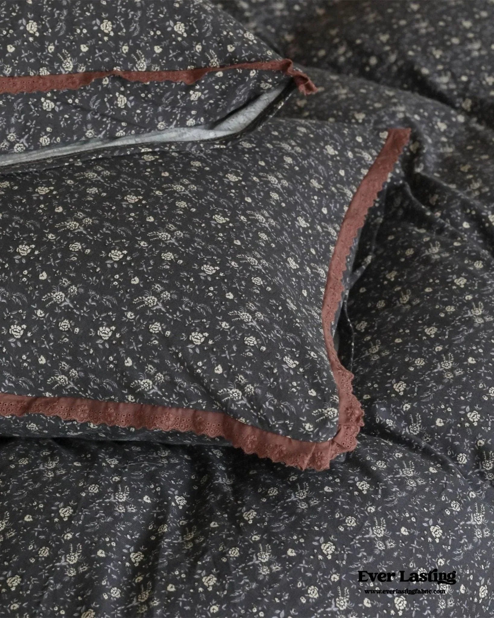 Anaya Rose French Vintage Bedding Set / Black + Brown, angled view - House Of Avana
