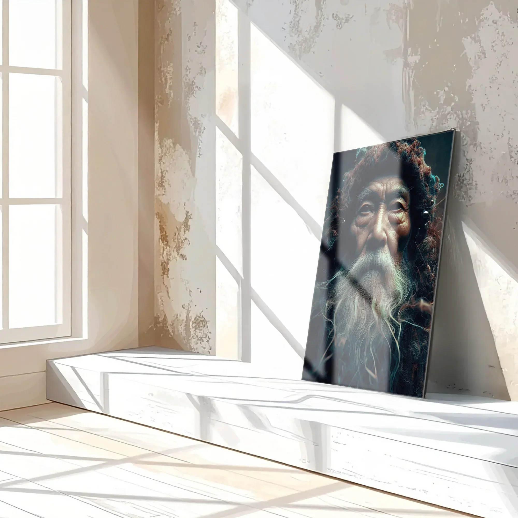Ancient Wisdom Portrait UV Glass Wall Art – Mystical Elder with Deep Gaze-KAFCD072 Peony Atelier