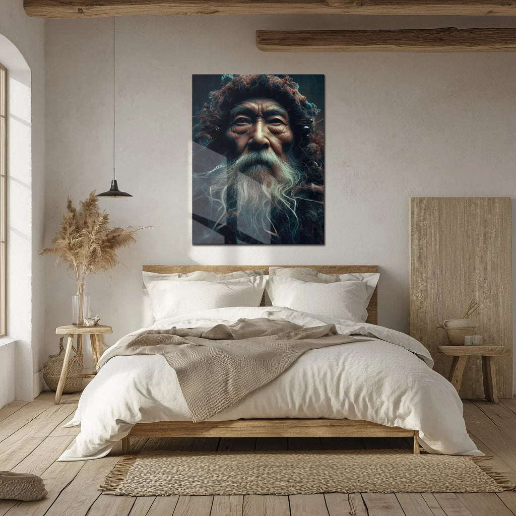 Ancient Wisdom Portrait Uv Glass Wall Art – Mystical Elder with Deep Gaze-kafcd072, detail shot - House Of Avana