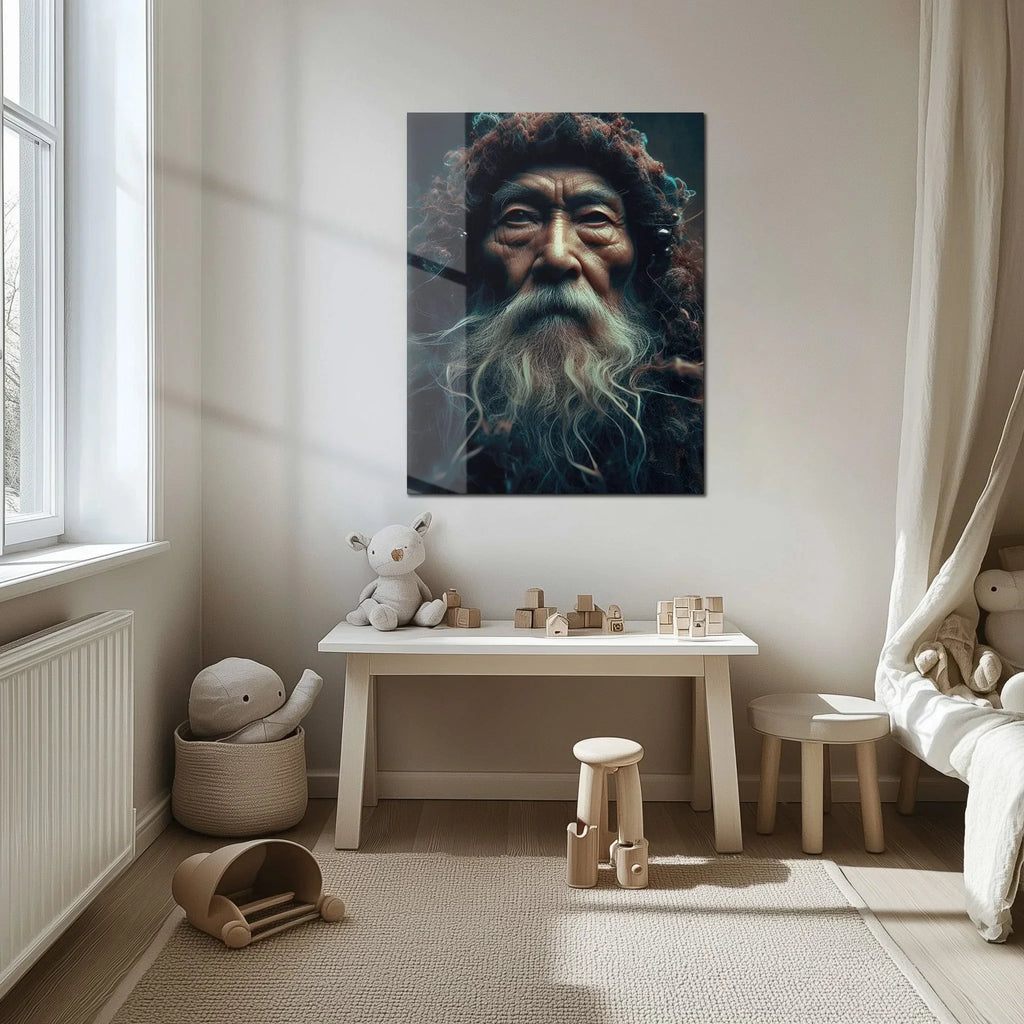 Ancient Wisdom Portrait Uv Glass Wall Art – Mystical Elder with Deep Gaze-kafcd072, top view - House Of Avana