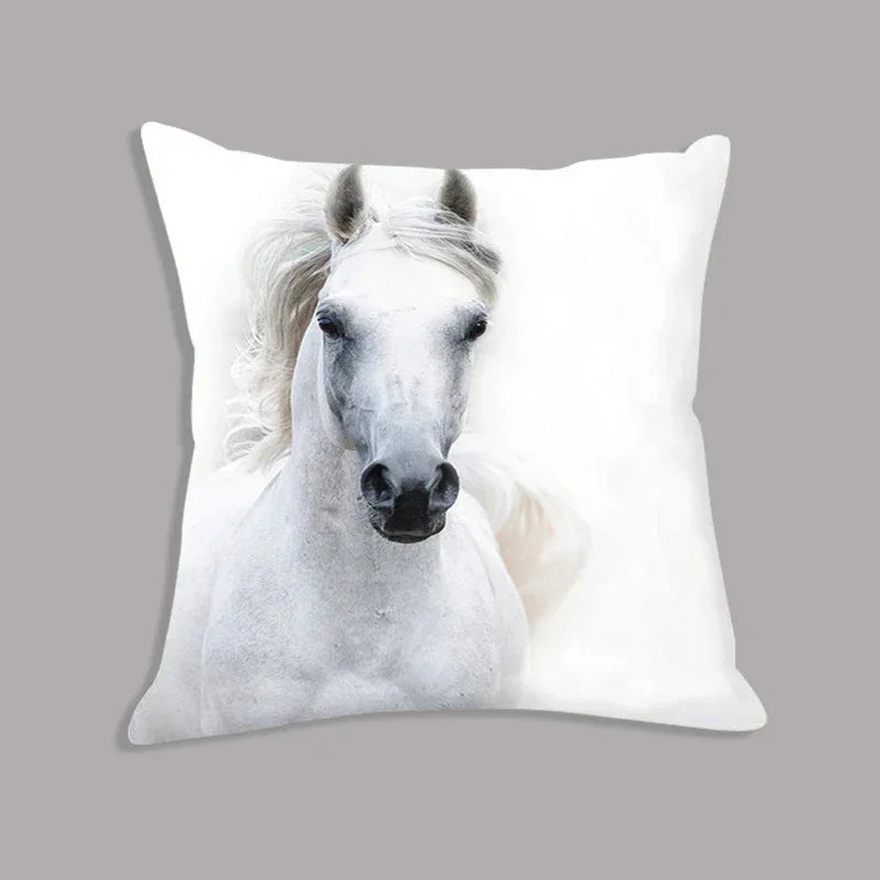White plush horse cushion, soft decorative pillow, embroidered design - House of Avana