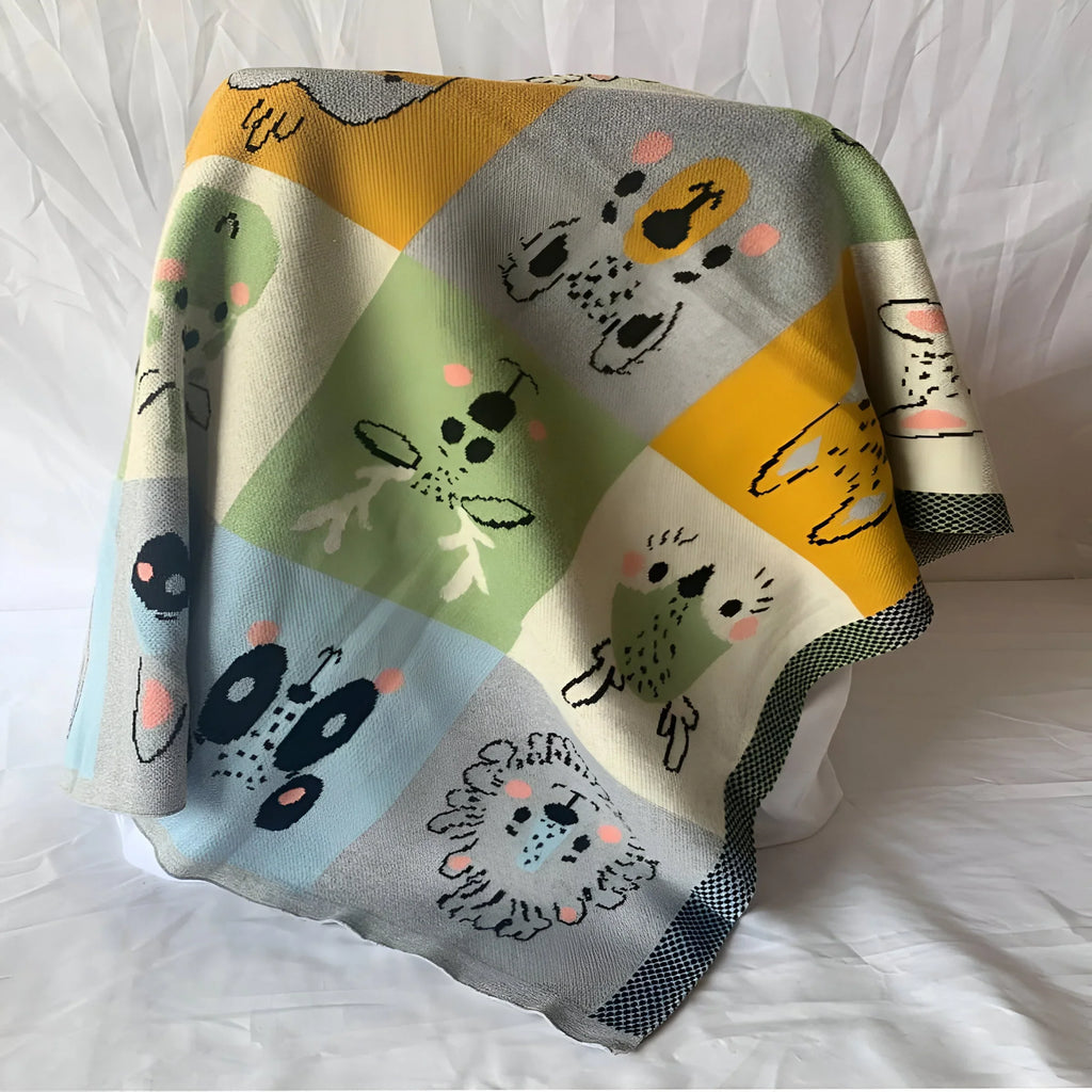 Animals In Boxes Multi Knitted Cotton Baby Blanket PushpLinen