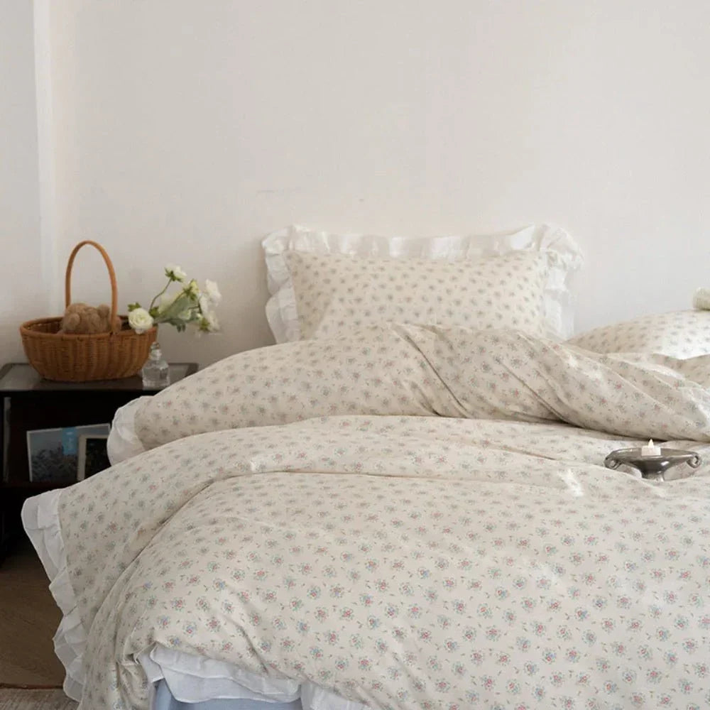 Annie Lace Ruffle Floral Bedding Set / Cream Blue, front view - House Of Avana