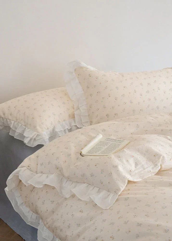 Annie Lace Ruffle Floral Bedding Set / Cream Blue, close-up view - House Of Avana