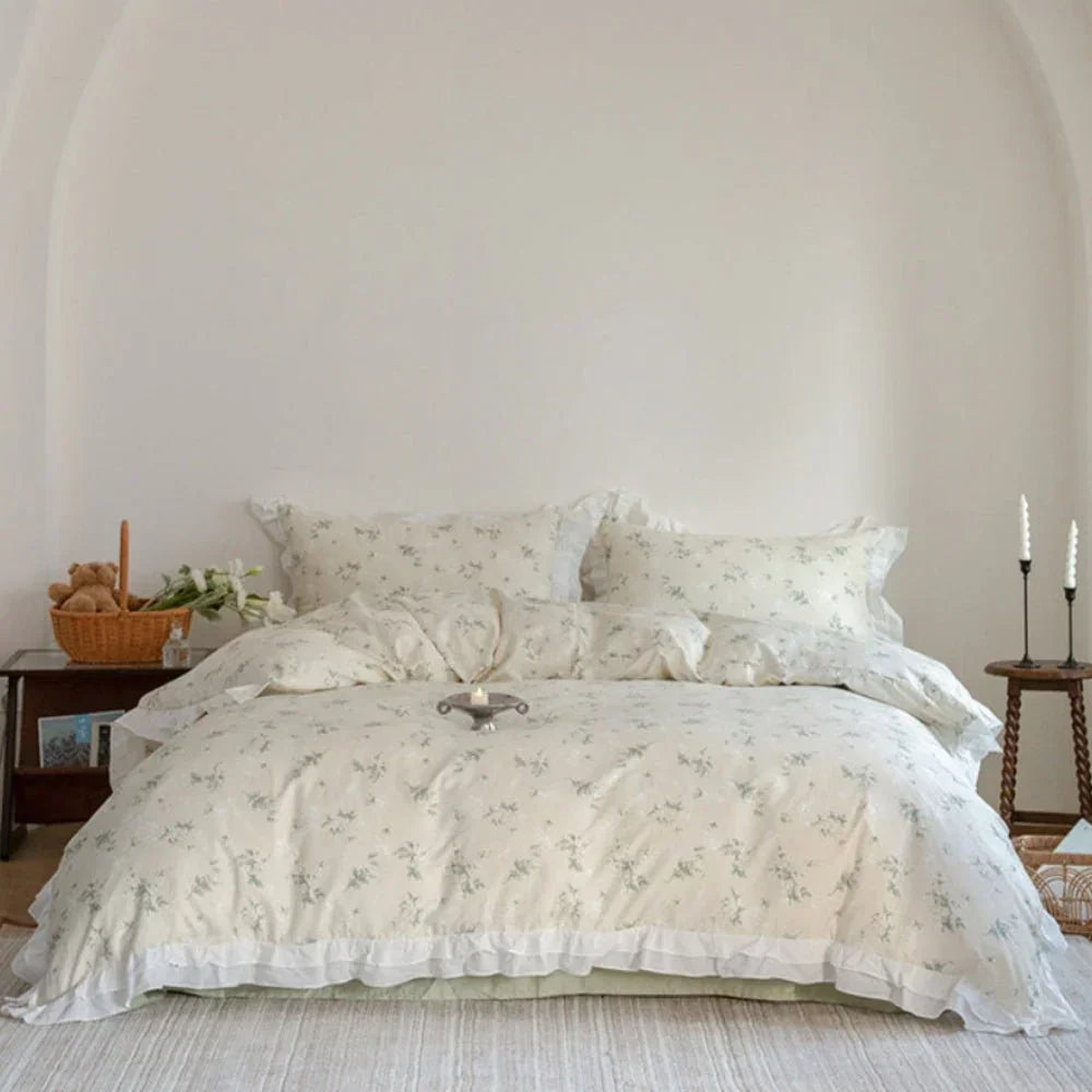 Annie Lace Ruffle Floral Bedding Set / Cream Blue, in-use display - House Of Avana
