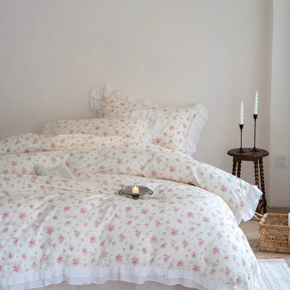 Annie Lace Ruffle Floral Bedding Set / Cream Blue, alternate view - House Of Avana
