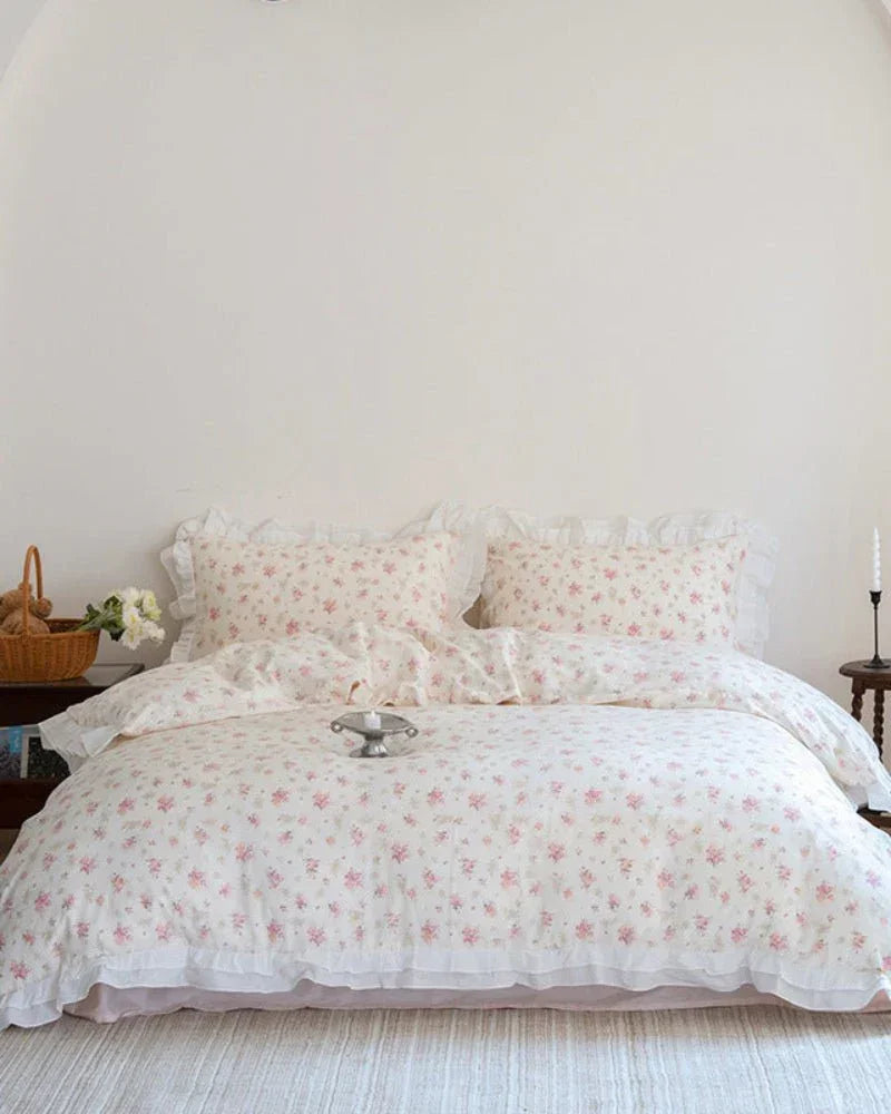 Annie Lace Ruffle Floral Bedding Set / Cream Blue, alternate view - House Of Avana