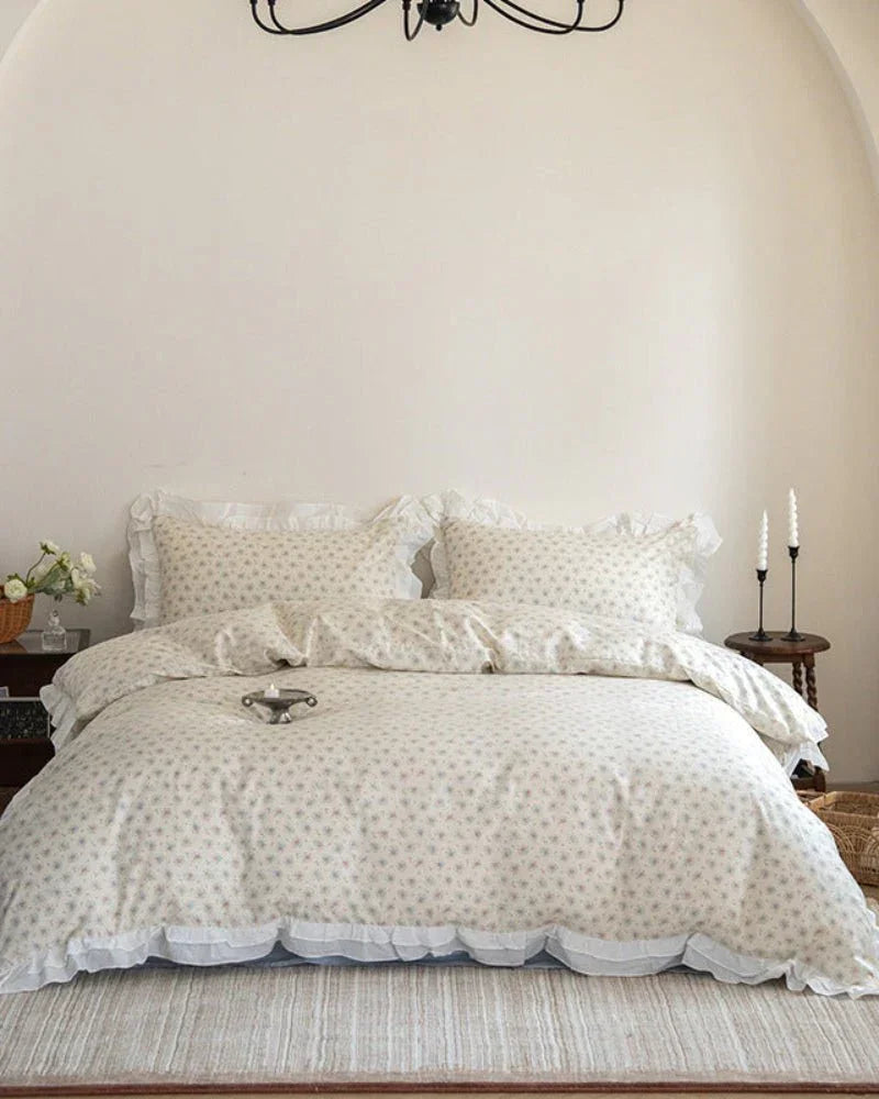 Annie Lace Ruffle Floral Bedding Set / Cream Blue, back view - House Of Avana