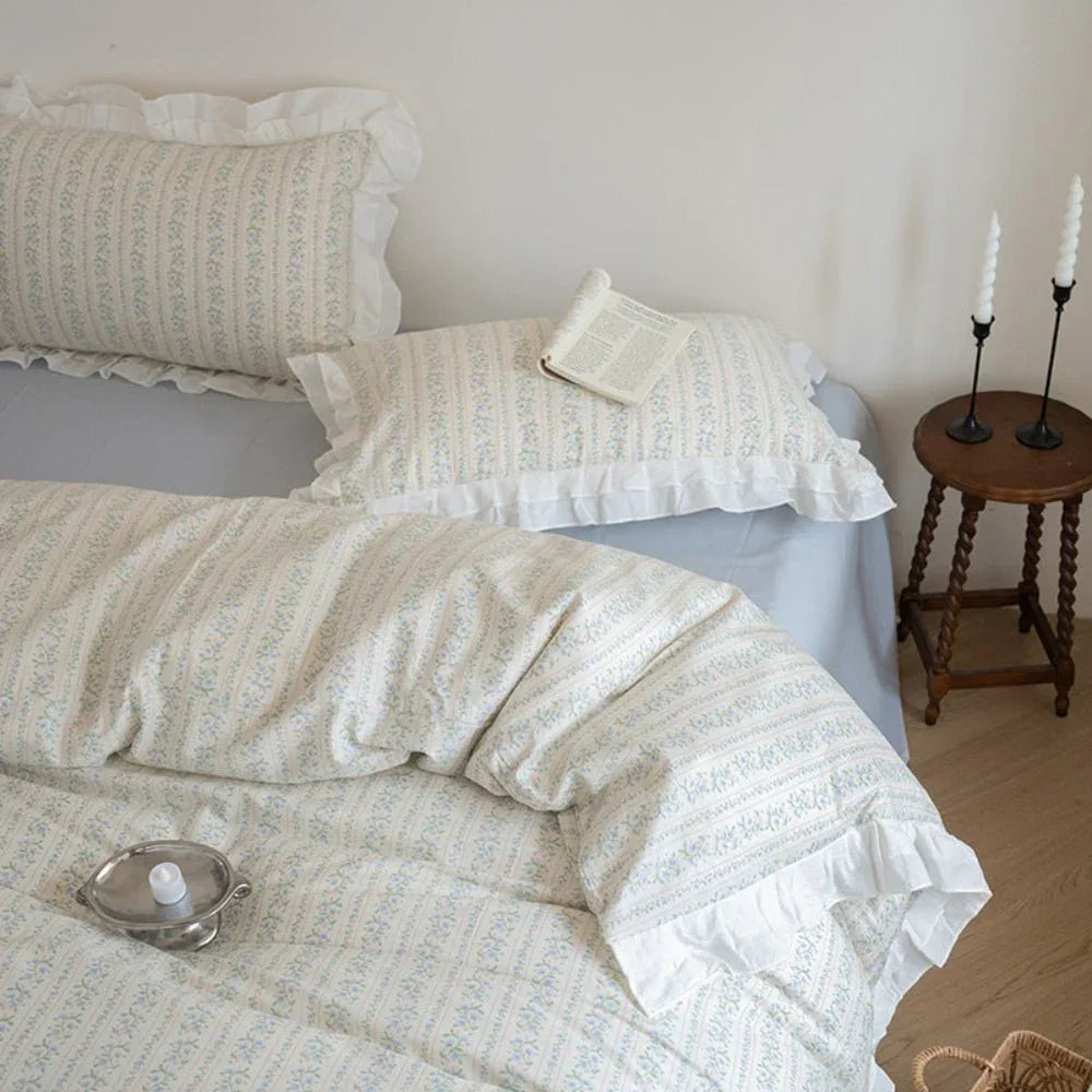 Annie Lace Ruffle Floral Bedding Set / Cream Blue, alternate view - House Of Avana