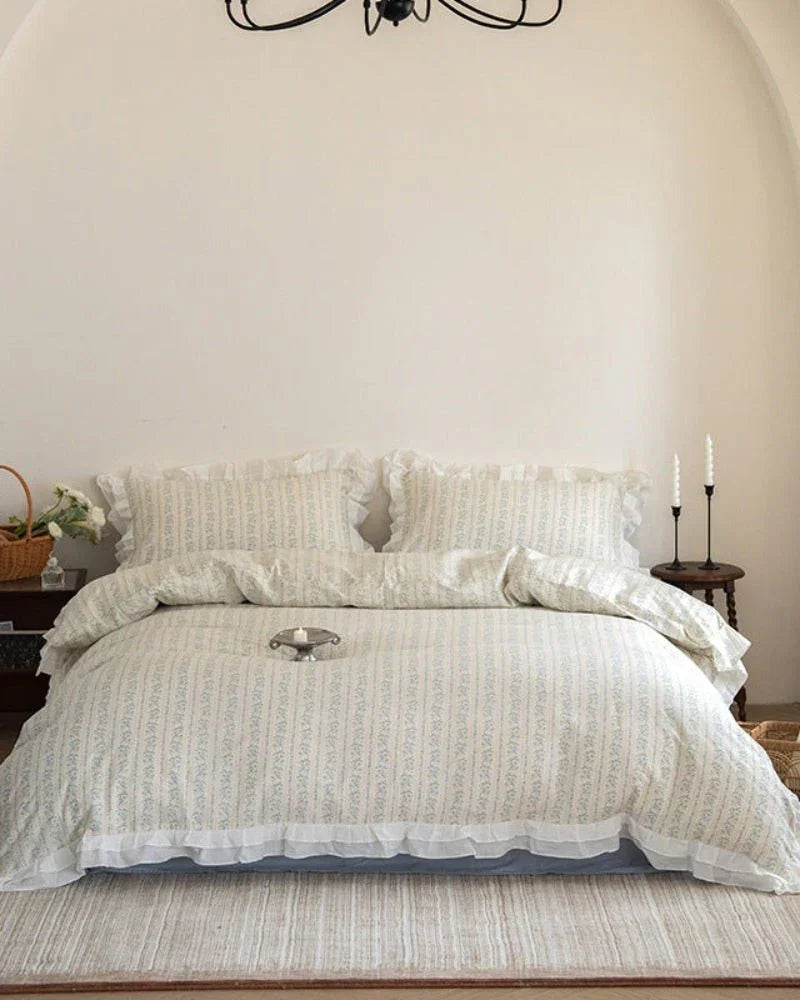 Annie Lace Ruffle Floral Bedding Set / Cream Blue, alternate view - House Of Avana