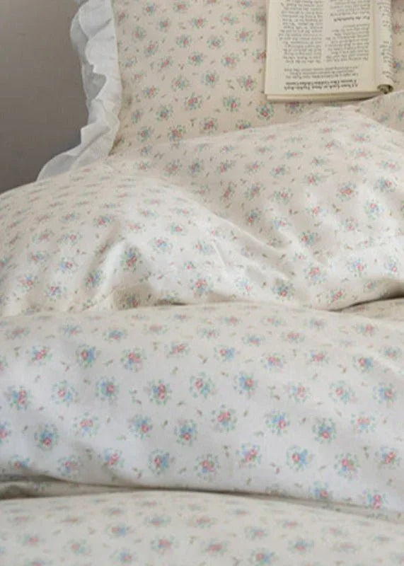 Annie Lace Ruffle Floral Bedding Set / Cream Blue, side view - House Of Avana