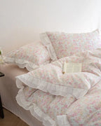 Annie Lace Ruffle Floral Bedding Set / Cream Blue, top view - House Of Avana