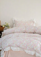 Annie Lace Ruffle Floral Bedding Set / Cream Blue, angled view - House Of Avana