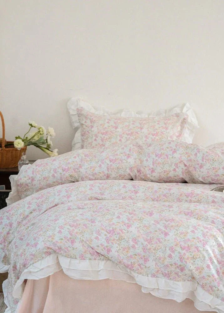 Annie Lace Ruffle Floral Bedding Set / Cream Blue, angled view - House Of Avana