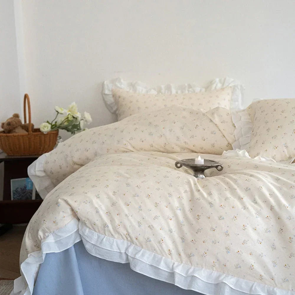 Annie Lace Ruffle Floral Bedding Set / Cream Blue, angled view - House Of Avana