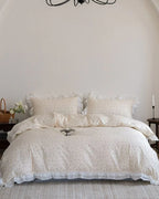 Annie Lace Ruffle Floral Bedding Set / Cream Blue, angled view - House Of Avana