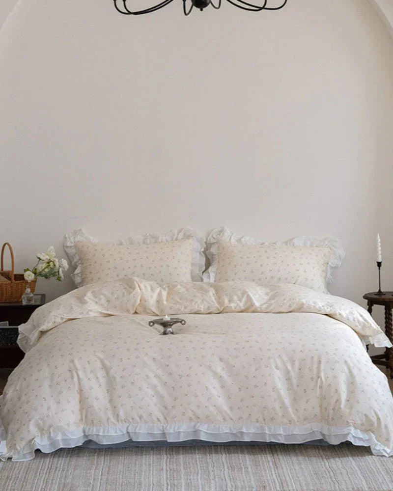 Annie Lace Ruffle Floral Bedding Set / Cream Blue, angled view - House Of Avana