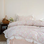 Annie Lace Ruffle Floral Bedding Set / Pink, front view - House Of Avana