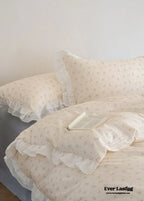 Annie Lace Ruffle Floral Bedding Set / Pink, close-up view - House Of Avana