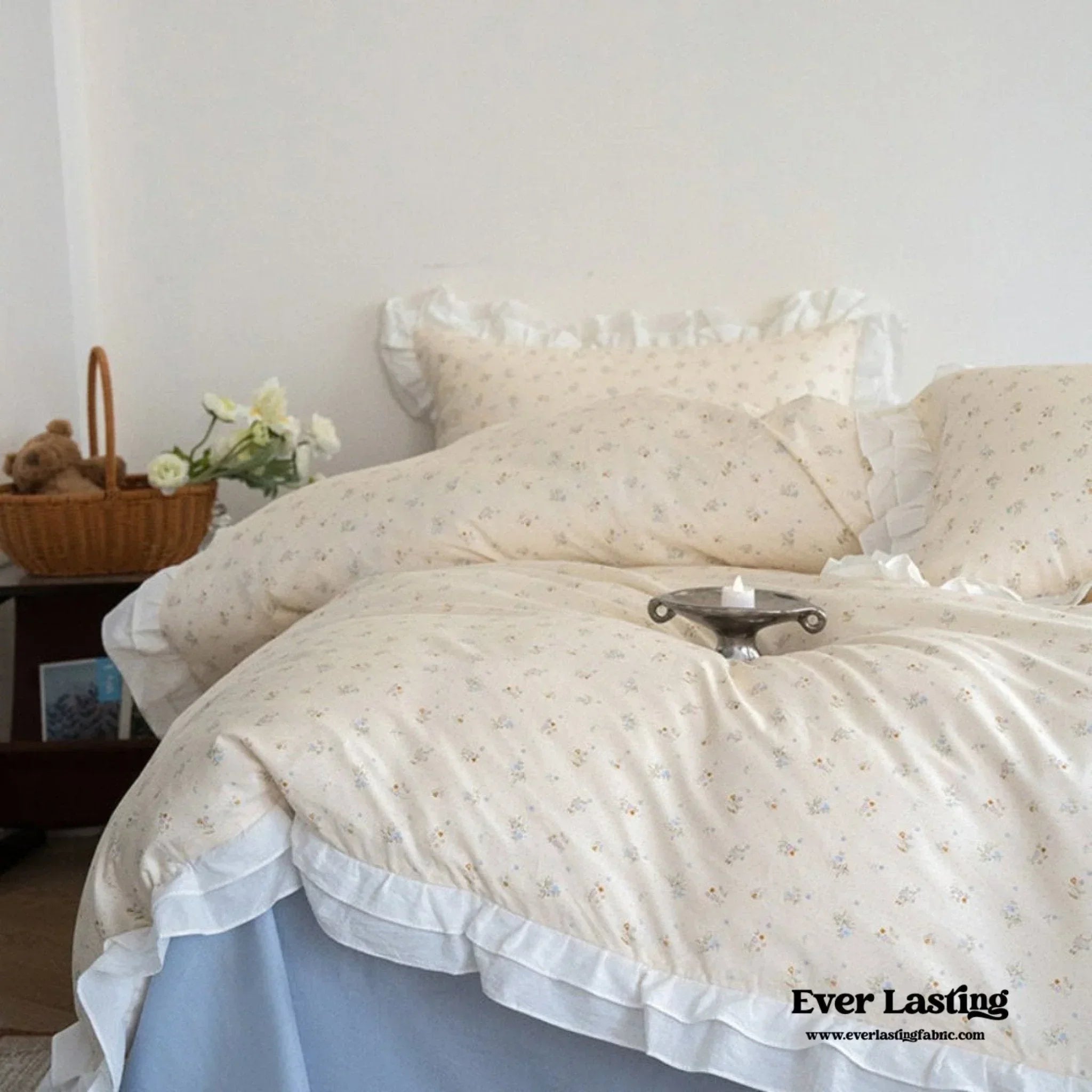 Annie Lace Ruffle Floral Bedding Set / Pink, angled view - House Of Avana