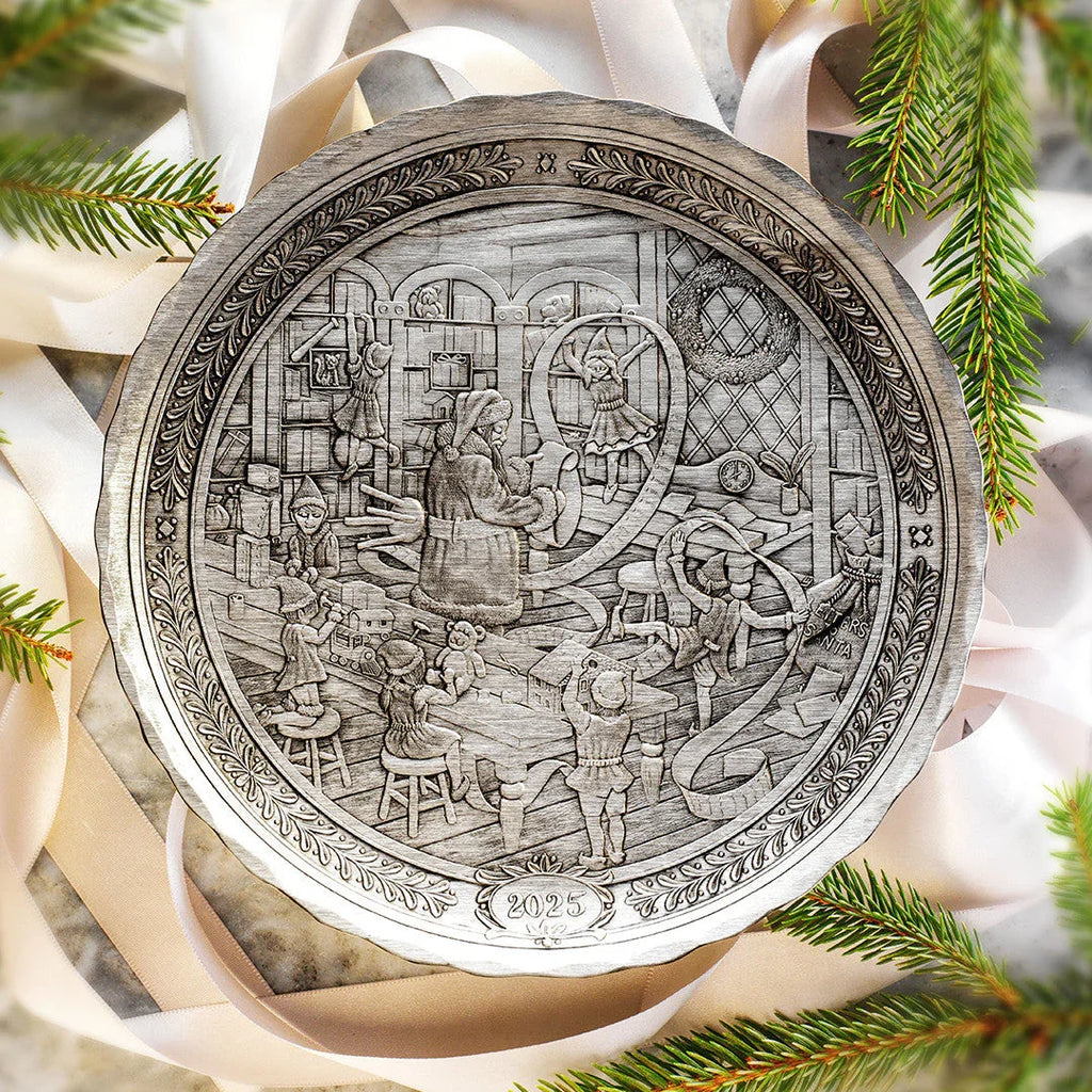 2025 Annual Plate- Santa's Workshop (pewter), front view - House Of Avana