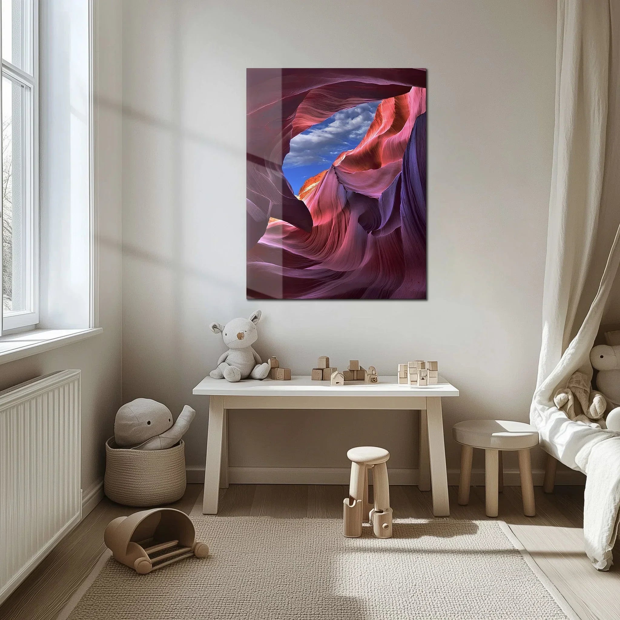 Antelope Canyon View Glass Wall Art – Vivid Desert Rock Formation Uv Print-kafcd033, lifestyle image - House Of Avana