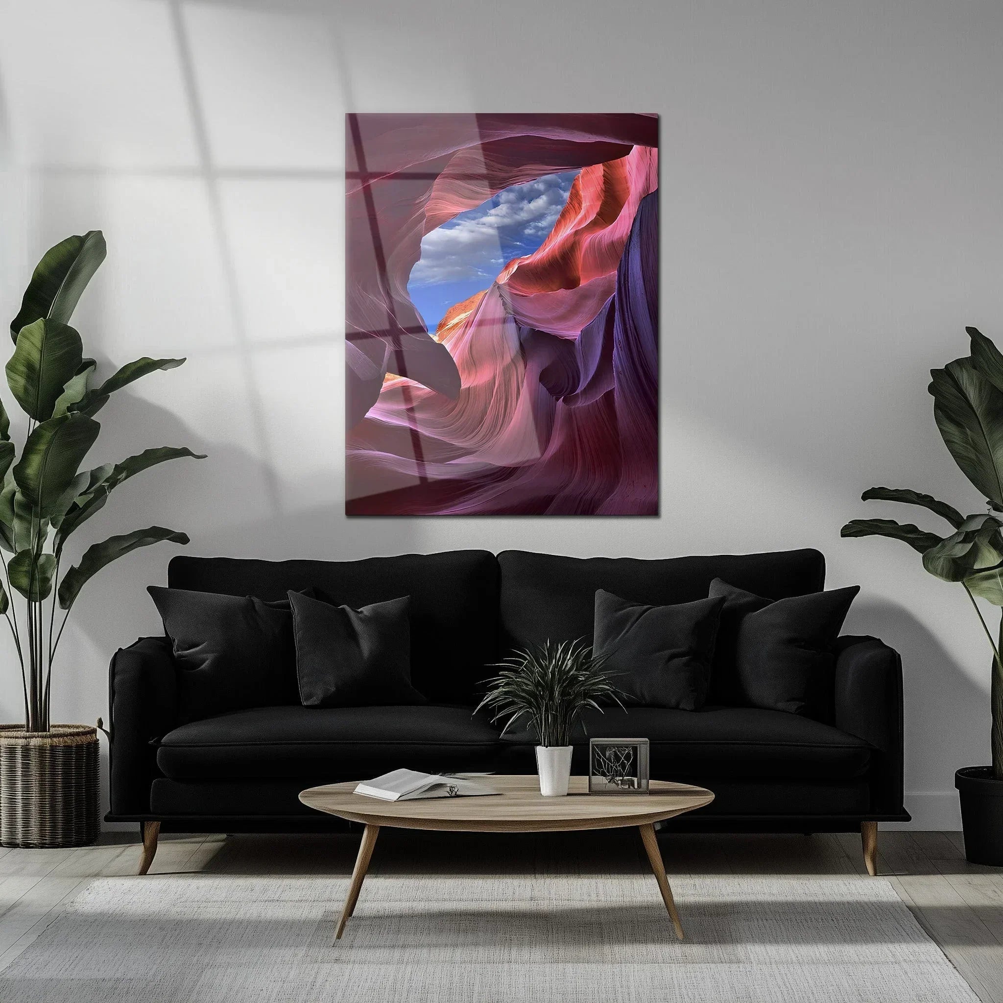 Antelope Canyon View Glass Wall Art – Vivid Desert Rock Formation Uv Print-kafcd033, top view - House Of Avana