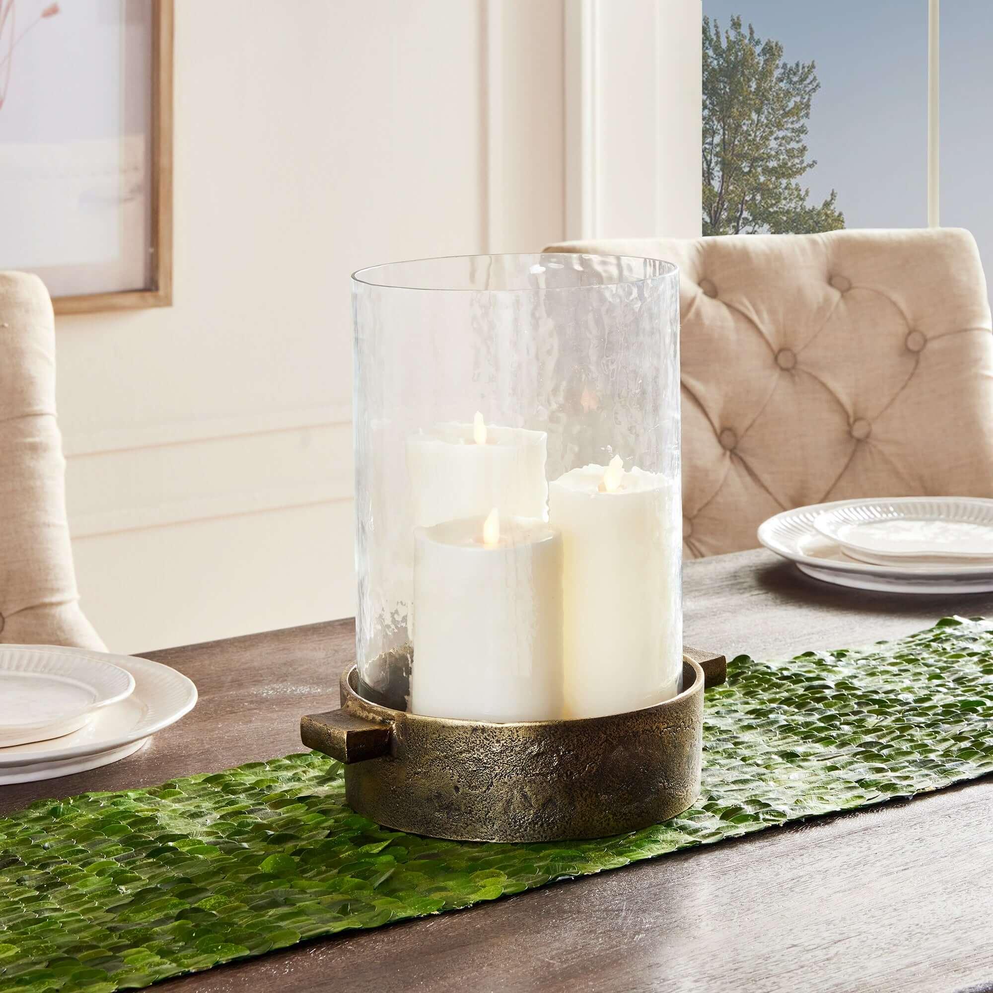 Antique Brass Hurricane Candle Holder with Hammered Glass - House of Avana