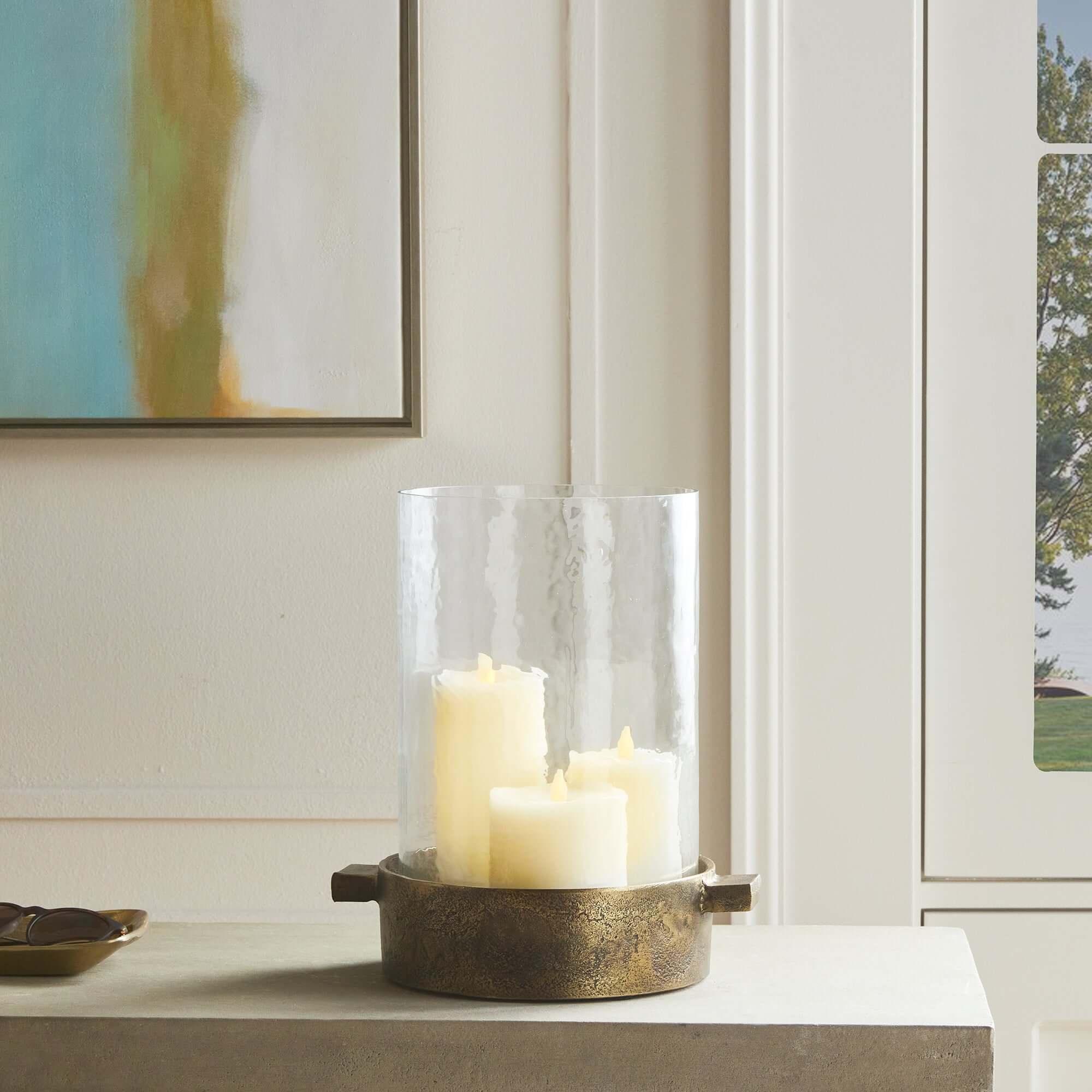 Antique Brass Hurricane Candle Holder with Hammered Glass - House of Avana