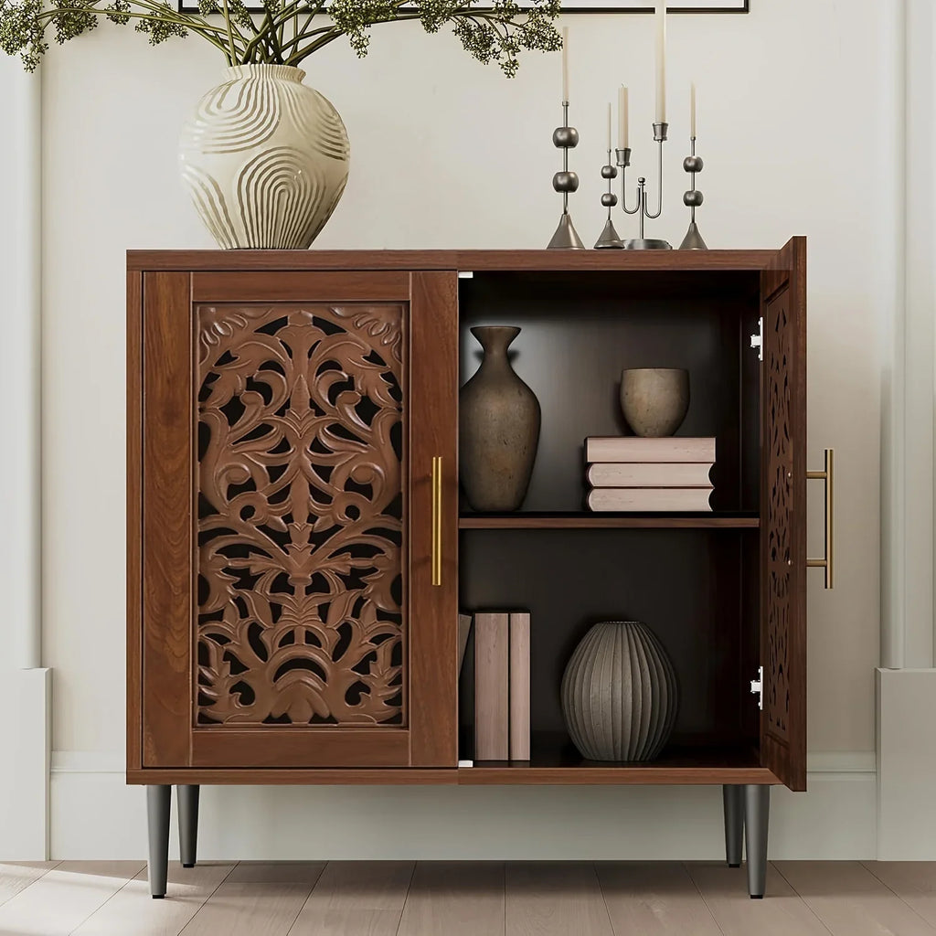 Wooden cabinet with decorative design on a shelf against a neutral wall.