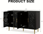Black cabinet with decorative patterns and gold legs, shown with measurements on a white background.