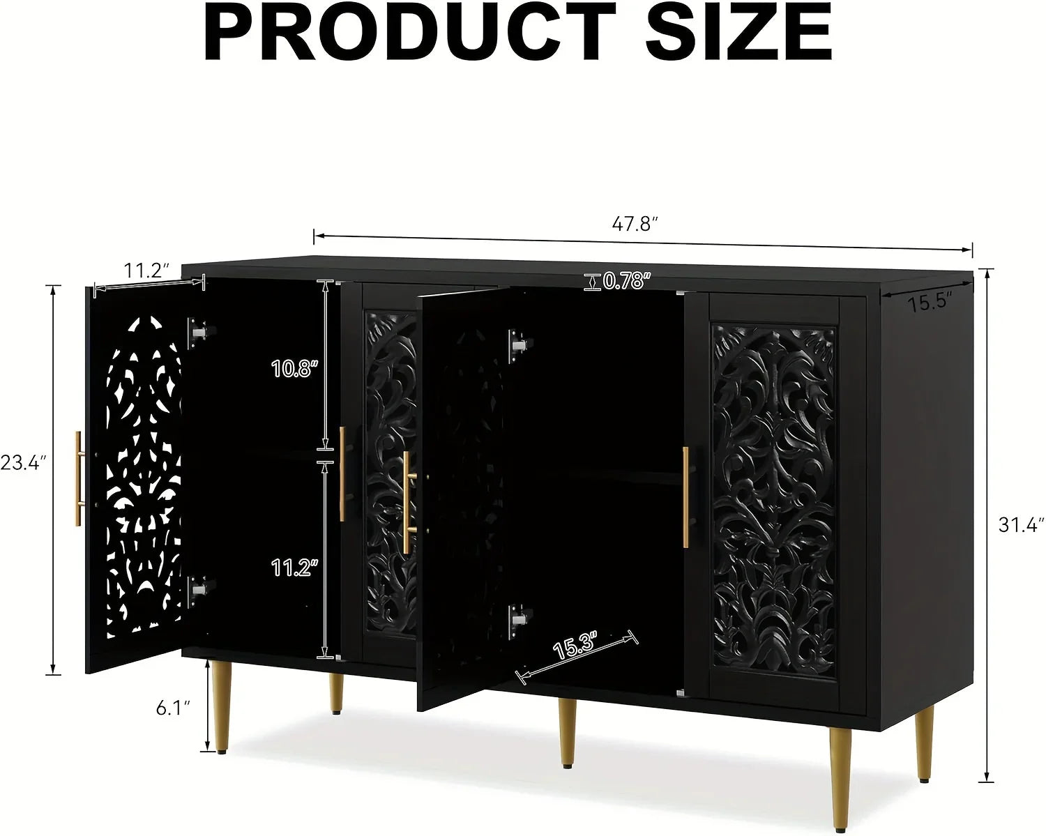 Black cabinet with decorative patterns and gold legs, shown with measurements on a white background.