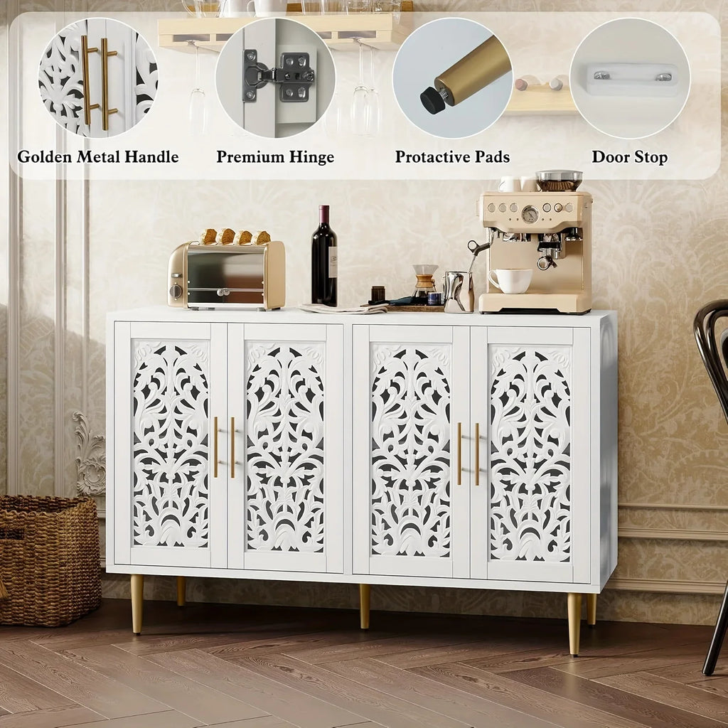 White cabinet with decorative cut-out design in a room setting, showing hardware components.