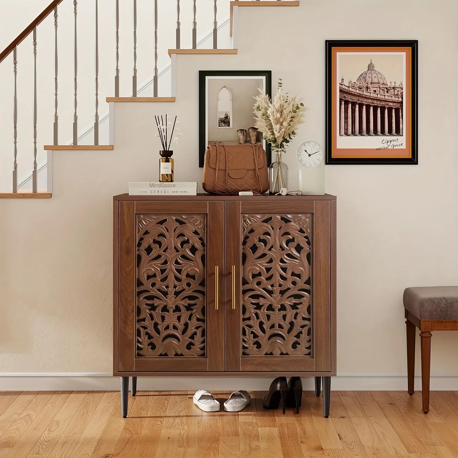 Wooden cabinet with decorative patterns in a home setting with staircase and wall art.