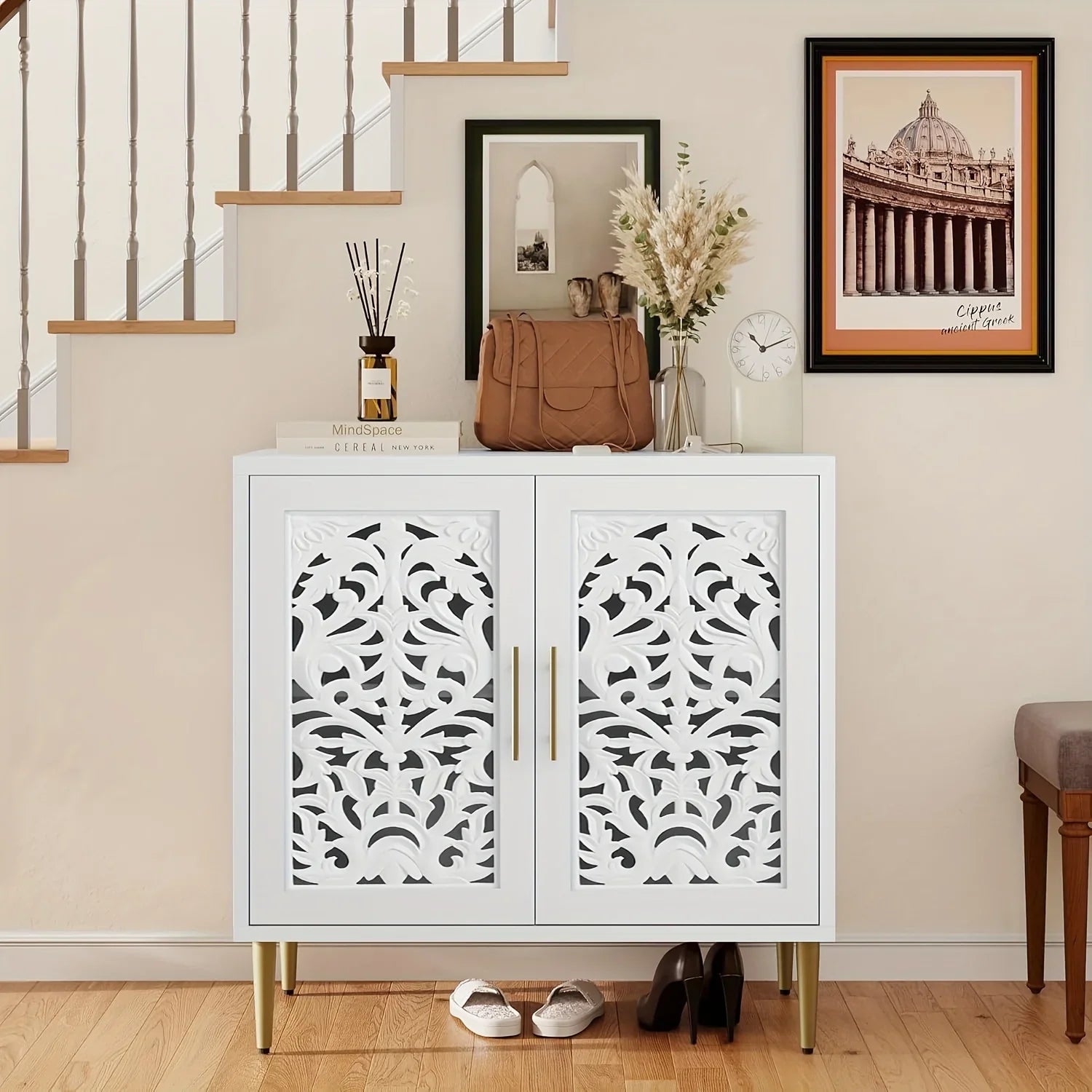 Decorative cabinet with intricate cut-out design in a home setting.