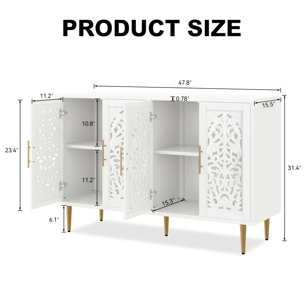 White cabinet with decorative cut-out design and dimensions displayed
