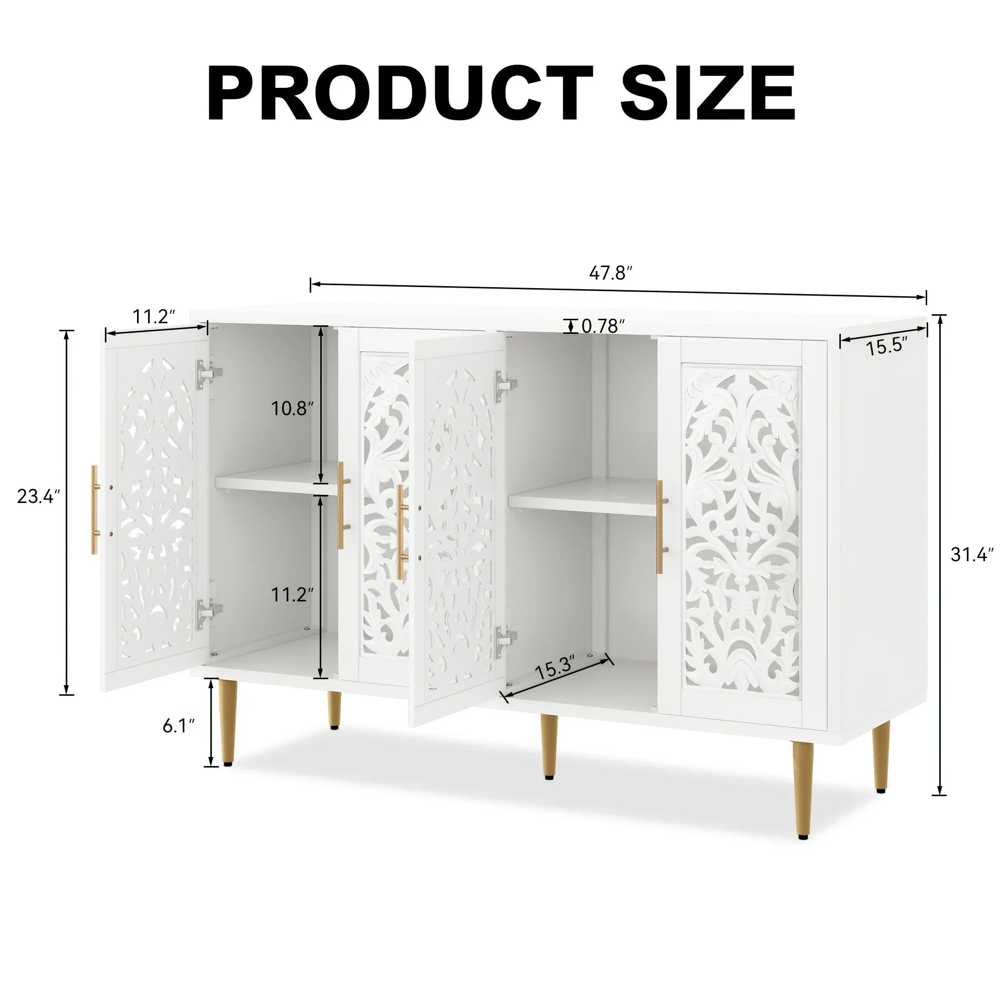 White cabinet with decorative cut-out design and dimensions displayed