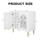 White cabinet with decorative cut-out design on doors, shown with dimensions on a white background.