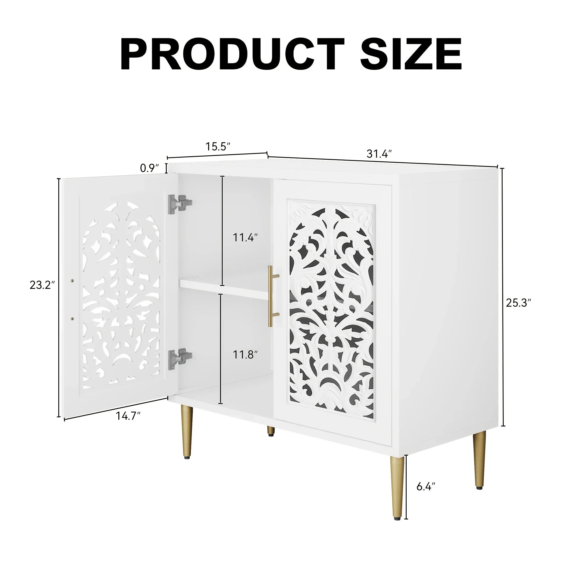 White cabinet with decorative cut-out design on doors, shown with dimensions on a white background.